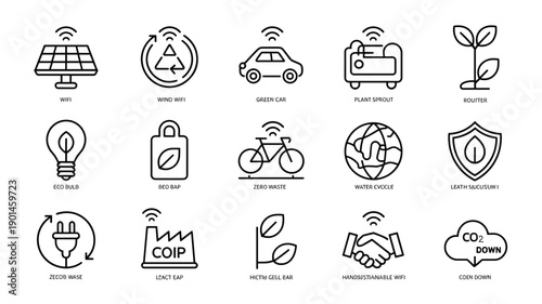 Green energy and sustainable living line icon collection with smart technology and environmental protection symbols