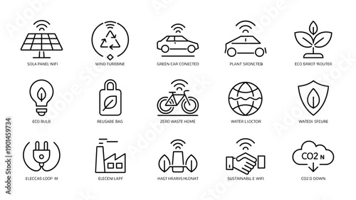 Environmental sustainability and renewable energy icons with smart technology integration for eco friendly business
