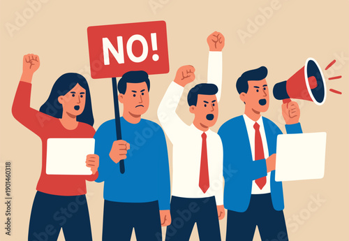 Employee protest, work strike or people demonstration, social gathering, activism protest for civil right, democracy or politic concept, people carrying protesting sign shouting on megaphone.