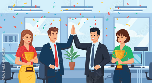 Celebration vector illustration of a successful team high-fiving with confetti and trophies in an office setting, depicting achievement and victory