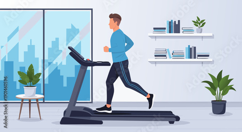 Athletic man running on a treadmill in a modern apartment, vector illustration of home fitness and healthy lifestyle