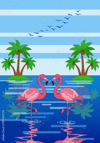 Captivating vector illustration of two flamingos in a serene tropical ocean setting with palm trees and birds overhead, reflecting beautifully in the water