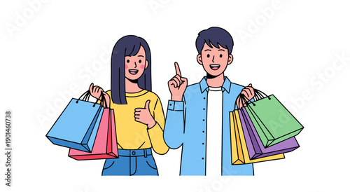Happy couple with shopping bags vector illustration, enjoying retail therapy and purchases, graphic artwork