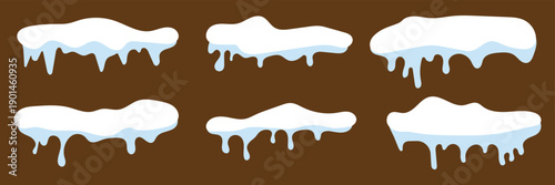 Cartoon snow caps and clouds. Set of snow cap. Snow caps, snowy ice and frozen icicles. Winter snowy decoration elements. Snow and ice, winter snowy caps for roof. snowball, icicles and snow piles. 
