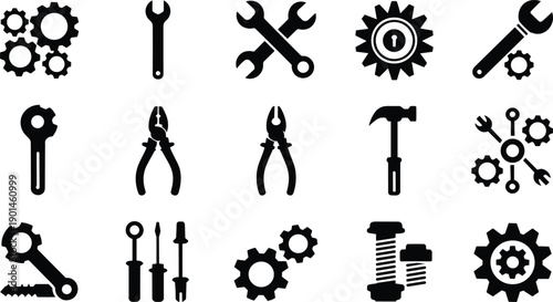 Industrial mechanical tools and gear set black flat icons collection including wrench pliers hammer and hardware