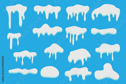 Snow caps collection, cartoon snow ledges, icy icicles, winter frozen elements, holiday game assets, arctic environment design, festive seasonal illustration set. Cartoon snow caps and drips vector. 