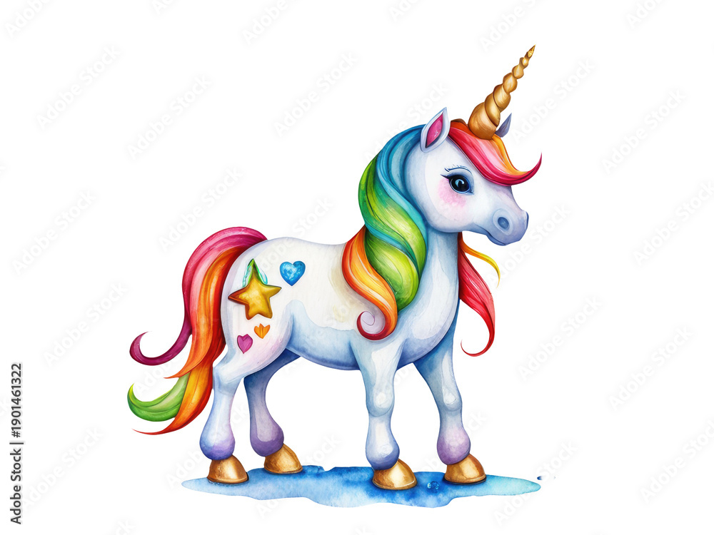 Fototapeta premium A majestic white unicorn with a vibrant rainbow-colored mane and a shining star on its tail