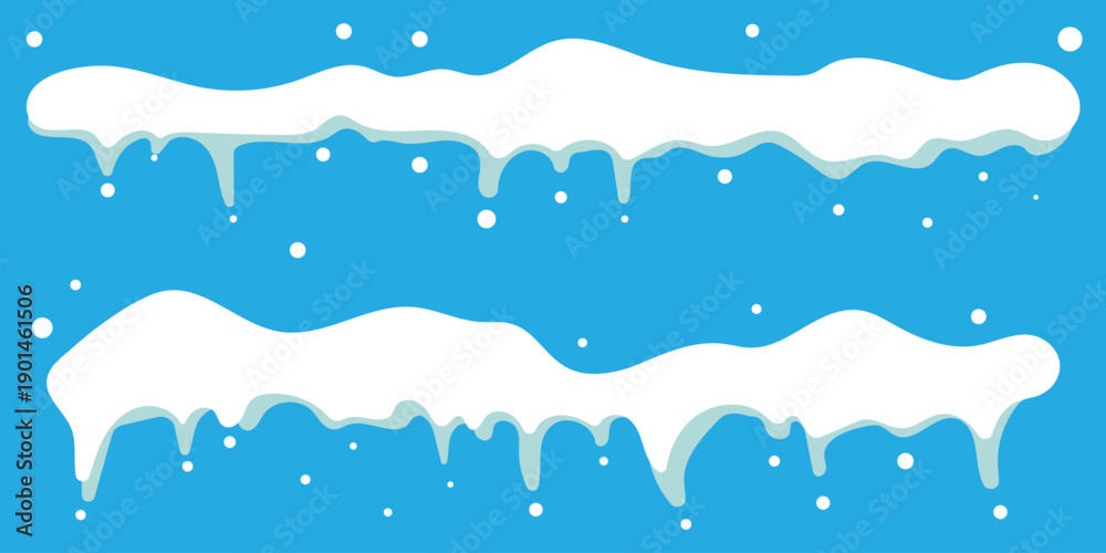 Obraz premium Collection of cartoon snow caps and icicles in a simple, flat design. Set of various frozen snow and ice elements, perfect for decorating roofs, text, or frames for a winter theme. Snow caps, clouds. 