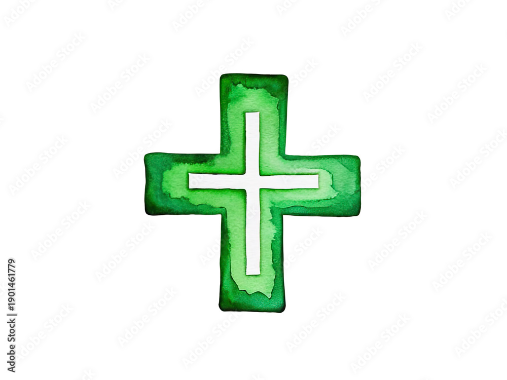 Obraz premium A green cross painted in watercolor on a white background, perfect for use in spiritual or wellness-themed designs