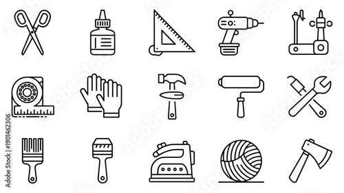 Repair and craft equipment icons for professional workshop and diy home projects including technical drawing supplies