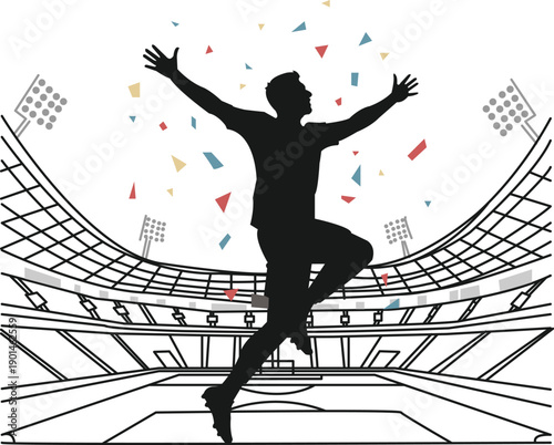 Stylized soccer celebration silhouette, strong black figure with dramatic pose