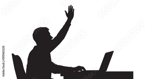 Silhouette of a man raising his hand at a desk with a laptop