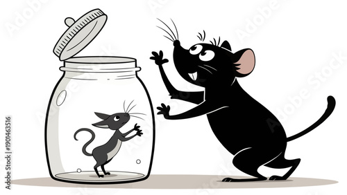 Timid mouse trapped inside a glass jar, with a curious black cat outside, funny illustration for concepts of confinement and curiosity.