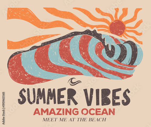 Meet me at the beach. Catch the wave. Ride the tide. Surfing club artwork. Summer good vibes vector graphic design for apparel, stickers, posters, background and others.