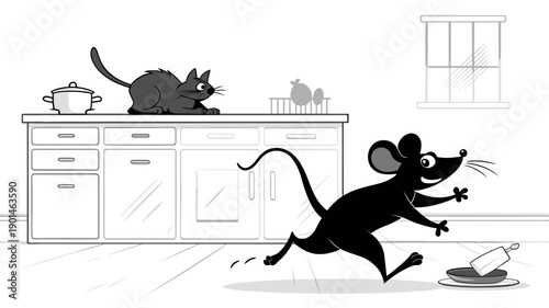 Grey cat on a kitchen counter watches a black mouse running past, illustration of domestic life and animal interaction.