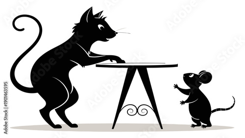 Black cat at a small table, a mouse stands nearby, humorous illustration for concepts of interaction, sharing, or conflict.