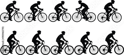 Collection of cyclist silhouettes featuring road bike and mountain bike riders in various active poses isolated on a white background