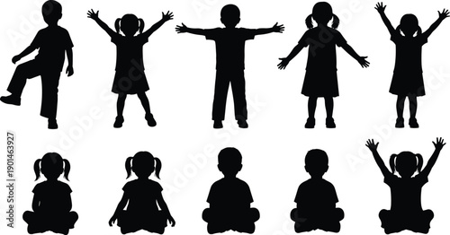 Diverse collection of happy children silhouettes featuring boys and girls playing, sitting, jumping, and celebrating on a clean white background