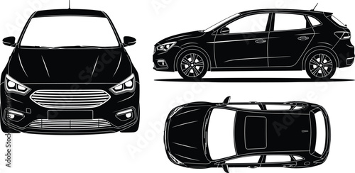 Modern hatchback car vector illustration featuring black silhouettes with front view, side view, and top view isolated on white background