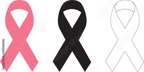 Awareness Ribbon Icons Set – Pink Black Outline Support Symbol Vector.