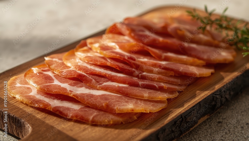 Obraz premium Close-up of thin jamón slices on a wooden board
