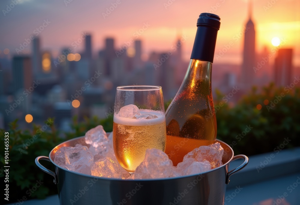 Fototapeta premium Chilled White Wine Ice Bucket Rooftop Terrace Cityscape Luxury Lifestyle Evening Relaxation