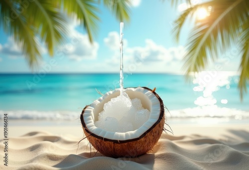 Coconut Water Directly from Tropical Coconut Lush Beach Sandy Shoreline