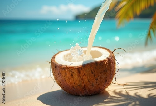 Coconut Water Directly from Tropical Coconut on Picturesque Beach Exquisite View