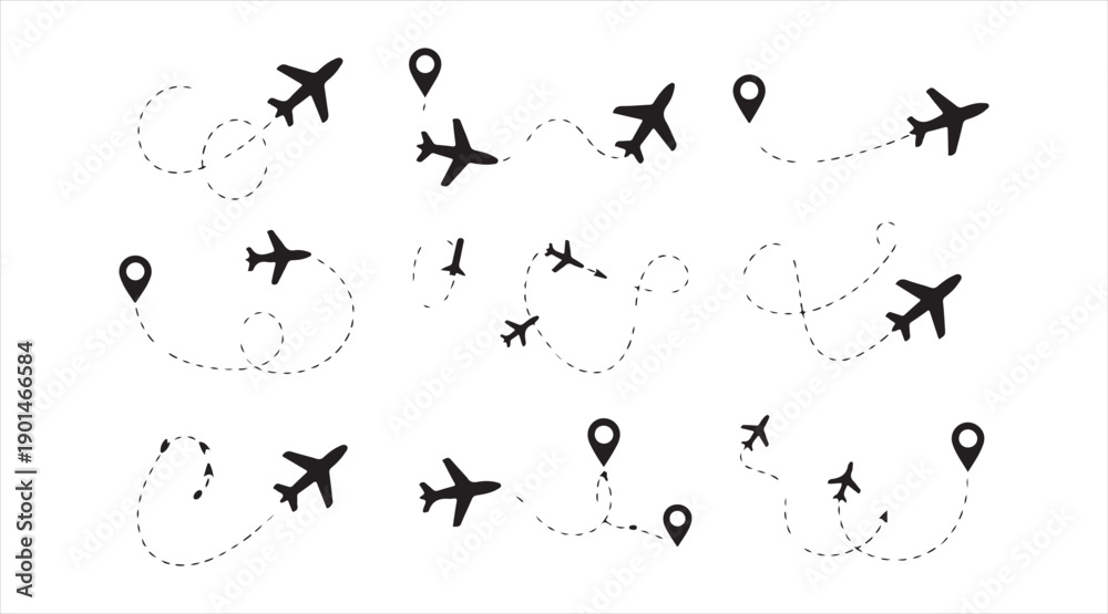 Obraz premium Minimal airplane journey and navigation symbols in flat vector style