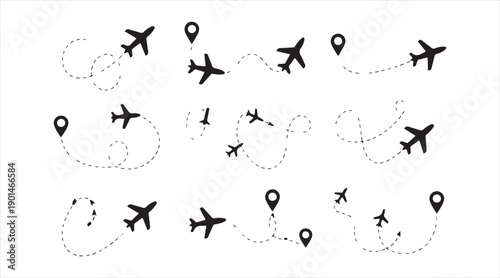 Minimal airplane journey and navigation symbols in flat vector style