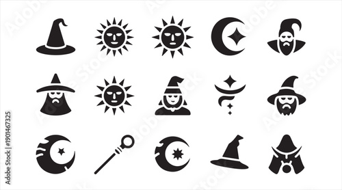 Black Halloween icon collection with witch hats, moons, suns and magical symbols