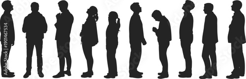 People, silhouettes, standing, queue, waiting, line, profile, men, women, patience, social, behavior, society, daily, life, calm, isolated, background, white, concept