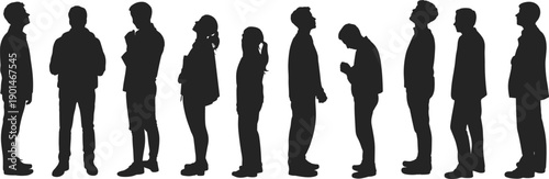 People, silhouettes, standing, line, waiting, queue, profile, men, women, thinking, social, behavior, society, daily, life, patience, isolated, background, white, conceptPeople, 
