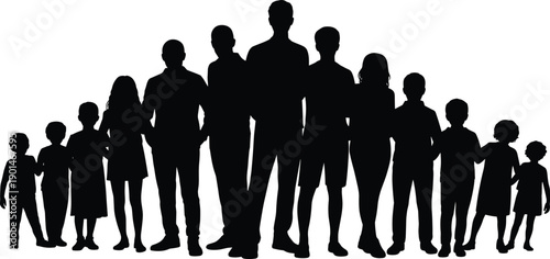 People, silhouettes, family, group, parents, children, generations, togetherness, community, unity, society, relationship, social, standing, support, diversity, isolated, background, white, concept