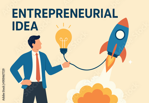 Entrepreneur business idea creating startup company, start new business with creativity, innovation, company founder, inventor or development, businessman connect lightbulb idea with launching rocket