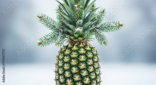 Fresh green pineapple decorated with evergreen pine branches covered in white snow flakes against blurry winter landscape background for holiday mood