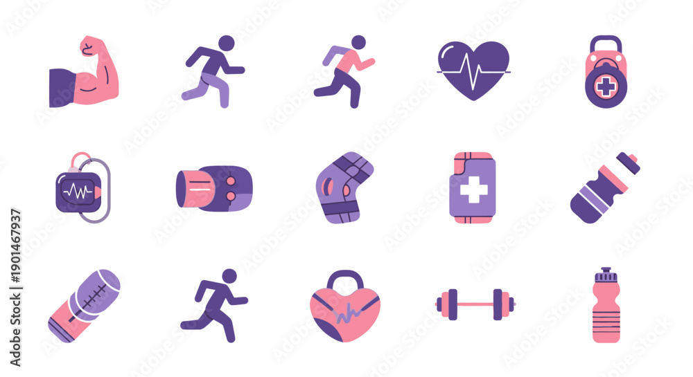 Fototapeta premium A collection of flat design icons representing various aspects of fitness, health, and sports activities.