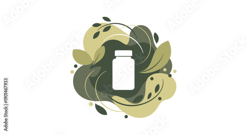 A white pill bottle is centrally placed within a circular arrangement of abstract organic shapes and green leaves, symbolizing natural health and wellness.