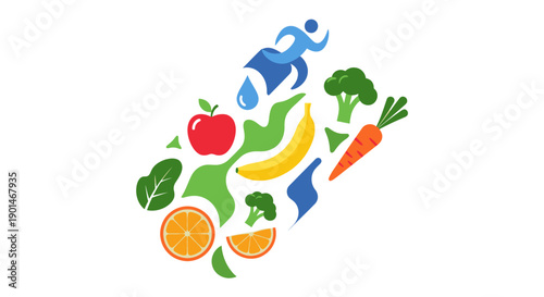 A vibrant illustration depicting healthy lifestyle choices, featuring a runner, water, and an assortment of fresh fruits and vegetables.