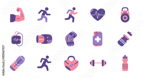 A collection of flat design icons representing various aspects of fitness, health, and sports activities.