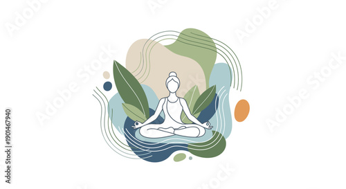 A serene illustration of a woman meditating in a lotus pose surrounded by abstract organic shapes and natural elements.