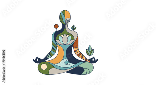 Serene yoga pose with lotus flower and leaves illustration.
