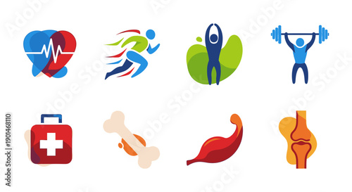 Set of health and fitness icons including organs and medical symbols.