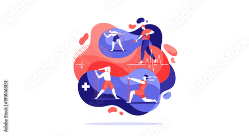 Abstract illustration of people running and exercising together in dynamic shapes.