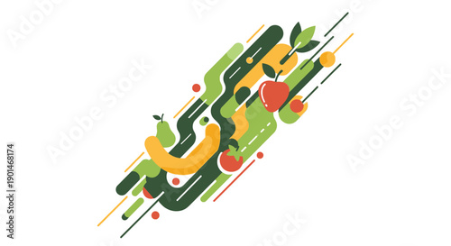 Vibrant abstract illustration with fruits and leaves.
