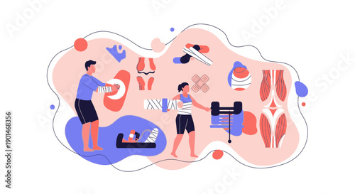 Illustration of people working together on various tasks and projects.