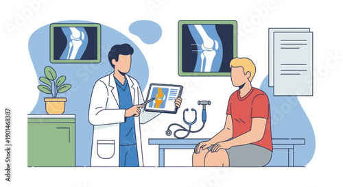 Doctor explaining knee injury to patient with X-ray images in medical office.