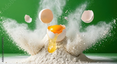 Egg exploding into flour cloud, broken egg yolk splashing, white powder explosion, green background, dynamic action, cooking ingredients, baking process, culinary art, intense moment, food preparation