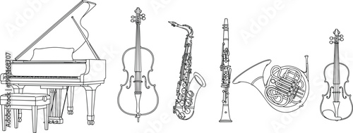 Black and white line of musical instruments including piano violin saxophone oboe french horn and violin