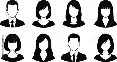 Black and white silhouettes of eight people with different hairstyles faceless business attire